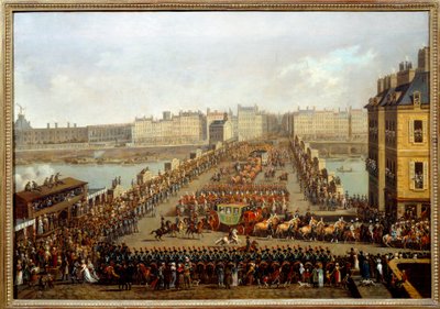 Oversteek van de nieuwe brug door de keizerlijke stoet voor de ceremonie van de heiliging van Napoleon I op 2 december door Jacques Bertaux