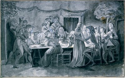 Bruiloftsmaal tijdens de Revolutie Tekening door Jacques Bertaux (1745-1818) Parijs. door Jacques Bertaux