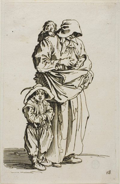 Een moeder met haar drie kinderen, plaat 18 uit De Bedelaars door Jacques Callot
