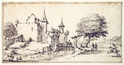 Een kasteel met ophaalbrug door Jacques Callot