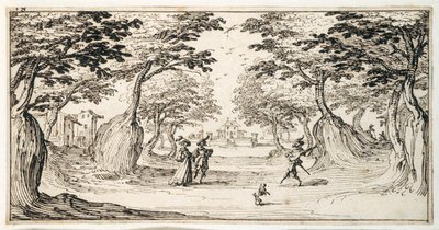 Een dame en heer dansen in het bos op een luit, een kasteel in de verte door Jacques Callot
