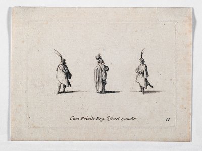 Een dame met een lange jas en twee cavaliers, van ... (gravure) door Jacques Callot