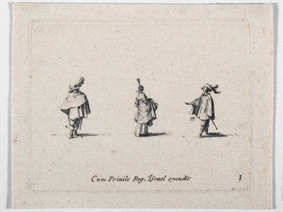 Een dame met gerimpelde rok en twee cavaliers, uit Les Fantaisies de Noble J. Callot ... (gravure) door Jacques Callot