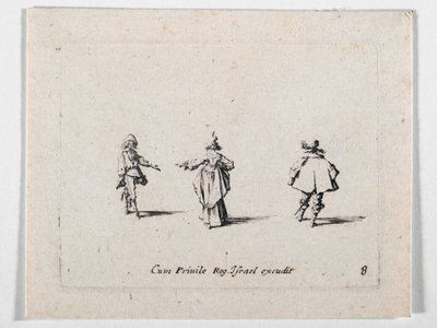 Een dame met uitgestrekte hand, op de rug gezien, en twee cavaliers, uit Les Fantaisies de Noble J. Callot ... (gravure) door Jacques Callot