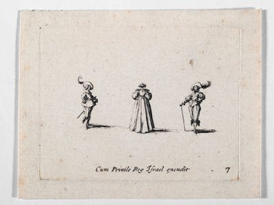 Een dame met rijk geplooide jurk, op de rug gezien, en twee cavaliers, uit Les Fantaisies de Noble J. Callot ... (gravure) door Jacques Callot