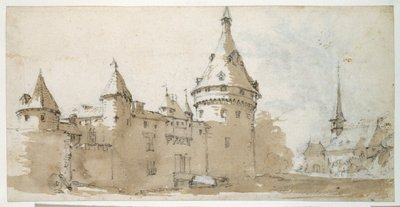 Een kasteel met torens en een kerk door Jacques Callot