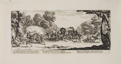 Aanval op de koets, plaat acht uit De ellende van de oorlog door Jacques Callot