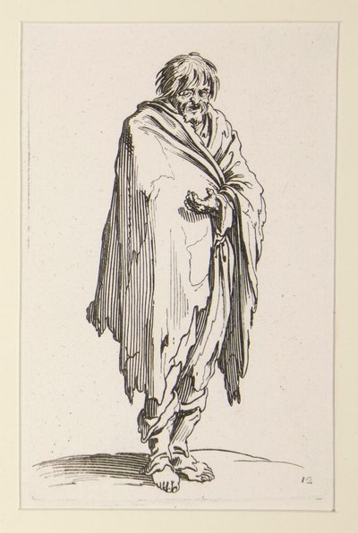 Bare-headed bedelaar met ongeschoeide voeten, uit De Bedelaars (Le mendiant a la tete decouverte et aux pieds nus) door Jacques Callot