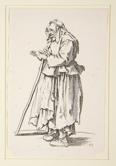 Bedelares die aalmoezen ontvangt, uit De Bedelaars (La mendiante venant de recevoir la charite) door Jacques Callot