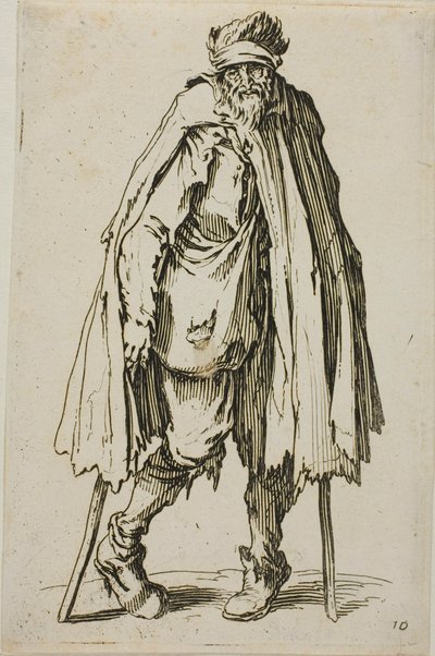 Bedelaar leunend op een stok, plaat negentien uit De Bedelaars door Jacques Callot