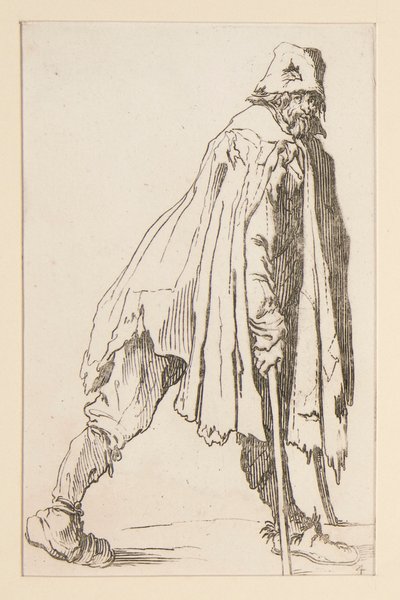 Bedelaar met een pet, op krukken, uit De Bedelaars door Jacques Callot