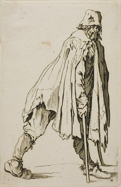 Bedelaar op krukken met een hoed, plaat vier uit De Bedelaars door Jacques Callot