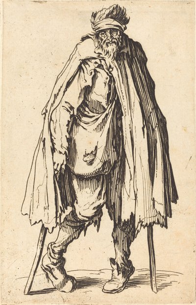 Bedelaar met krukken en zak door Jacques Callot