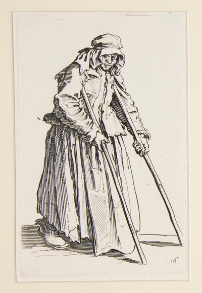 Bedelares op krukken, uit De Bedelaars (La mendiante aux béquilles) door Jacques Callot
