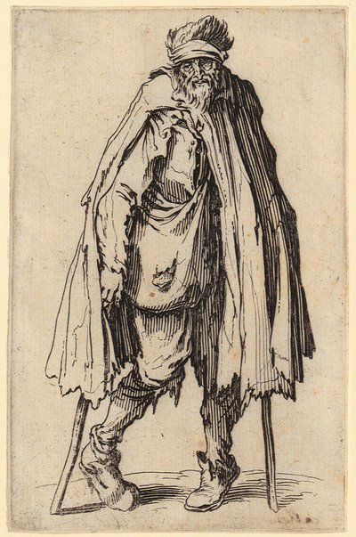 Bedelaar met kruk en schoudertas, plaat 10 uit de reeks “De bedelaars” door Jacques Callot