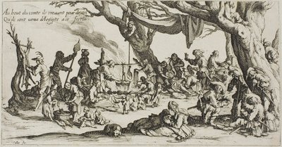 Kampeerplaats van de zigeuners: De voorbereiding van het feest door Jacques Callot