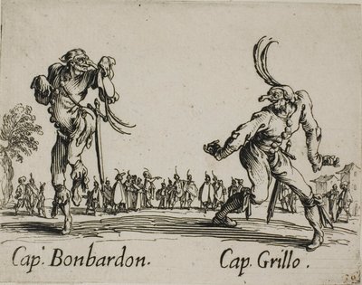 Kapitein Bonbardon - Kapitein Grillo, plaat 13 van Balli di Sfessania door Jacques Callot