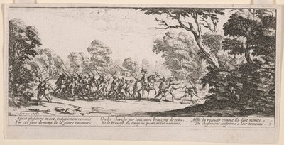 Découverte des malfaiteurs (Ontdekking van de misdadigers), illustratie uit Les Grandes misères de la guerre door Jacques Callot