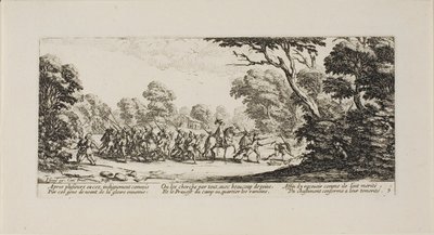 Ontdekking van de criminele soldaten, plaat negen uit De ellende van de oorlog door Jacques Callot