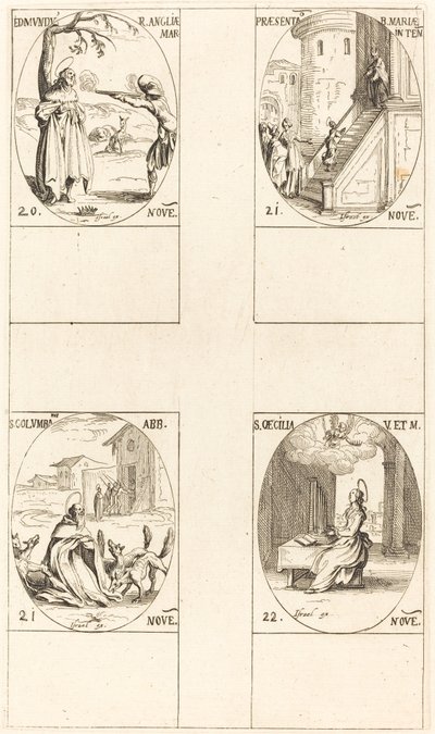 Edmund, koning van Engeland, martelaar, presentatie van de Maagd, St. Columba, St. Cecilia door Jacques Callot