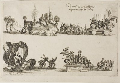 Intocht van Zijne Hoogheid, die de zon vertegenwoordigt, uit Het gevecht bij de barrière door Jacques Callot