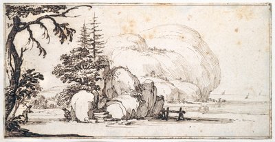 Fantastische rotsen aan de kust, gebouwen aan de oever door Jacques Callot