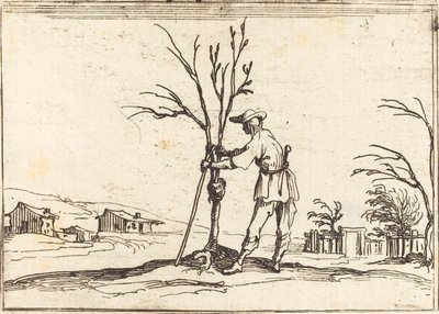 Tuinman die een boom snoeit door Jacques Callot