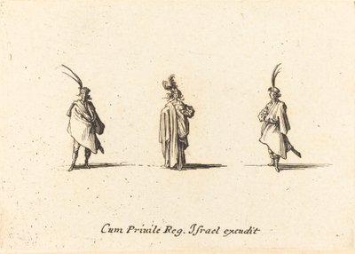 Dame in lange mantel en twee heren door Jacques Callot