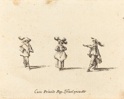 Dame met grote pluimen, en twee heren door Jacques Callot