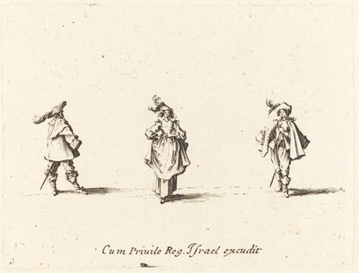 Dame met Pluimen, en Twee Heren, waarschijnlijk 1634 door Jacques Callot