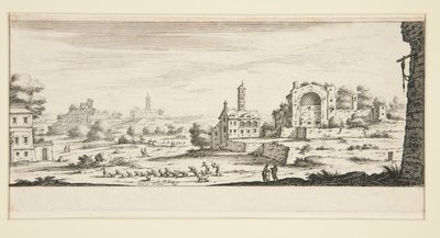 Landschap met grote gebouwen door Jacques Callot