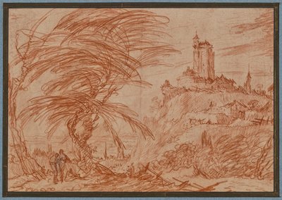Landschap, rechts op een heuvel een grote toren, links een groep bomen en enkele figuren door Jacques Callot