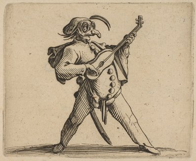 Le Comédien Masqué Jouant de la Guitare, 1616-22 door Jacques Callot