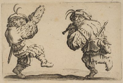 Les Danseurs a la Flute et au Tambourin Twee Dansers die de Fluit en de Tambourin Spelen..., 1617-20 door Jacques Callot