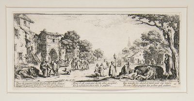 Les grandes misères de la guerre: No. 16 - Les mourants sur le bord des routes (De grote ellende van de oorlog: Nr. 16 - De stervenden langs de wegen) door Jacques Callot