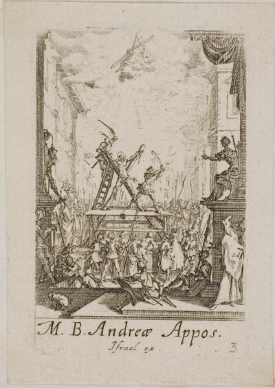 Martelaarschap van Sint-Andreas, plaat drie uit De Martelaars van de Apostelen door Jacques Callot