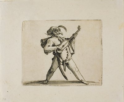 Gemaskerde Komiek die Gitaar Speelt, uit Varie Figure Gobbi door Jacques Callot