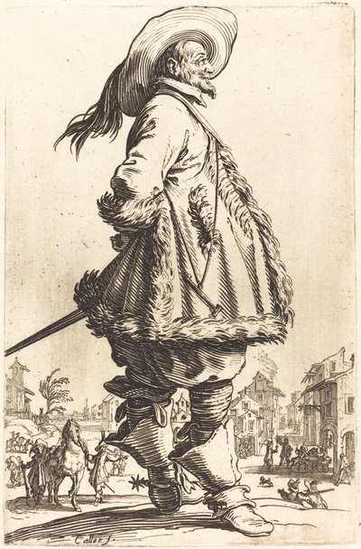 Edelman met bont afgezette mantel, handen achter zijn rug door Jacques Callot