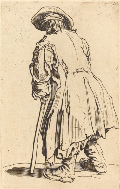 Oude bedelaar met één kruk door Jacques Callot