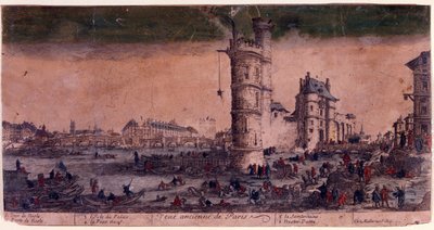 Parijs, Ile de la Cité, Le Pont Neuf en de Toren van Nesle. Gravure door Jacques Callot. door Jacques Callot