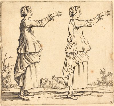 Boerin, in profiel, naar rechts, met uitgestrekte arm door Jacques Callot