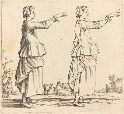 Boerin, in profiel, naar rechts gericht, met uitgestrekte arm door Jacques Callot
