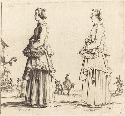 Boerin met mand, in profiel, naar links gericht door Jacques Callot
