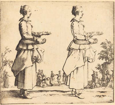 Boerin met mand, in profiel, naar rechts, 1617 en 1621 door Jacques Callot