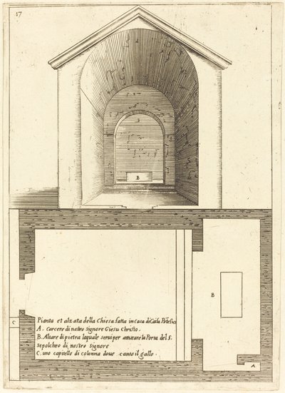 Plattegrond en elevatie van de kerk bij het huis van Kajafas door Jacques Callot