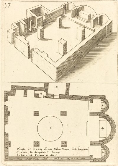 Plattegrond en Elevatie van de Kerk van S. Iacoma door Jacques Callot