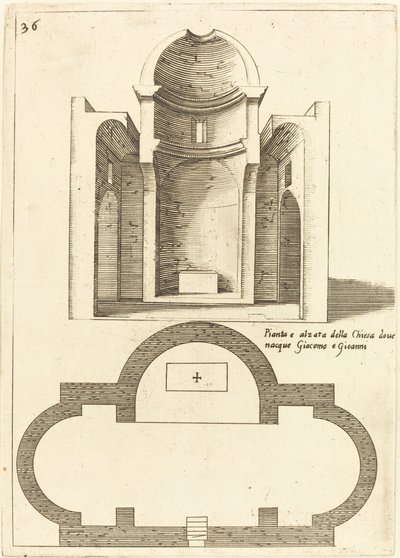 Plattegrond en aanzicht van de kerk van Sint Jacobus en Johannes door Jacques Callot