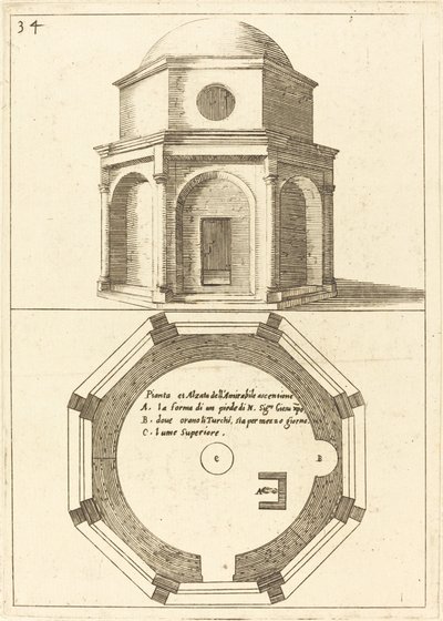 Plattegrond en elevatie van de Kerk van de Hemelvaart door Jacques Callot