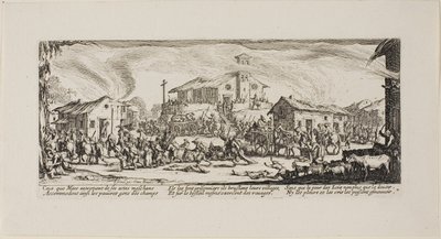 Plunderen en verbranden van een dorp, plaat zeven uit De ellende van de oorlog door Jacques Callot