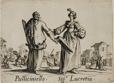 Pulliciniello - Signora Lucretia, plaat 9 uit Balli di Sfessania door Jacques Callot